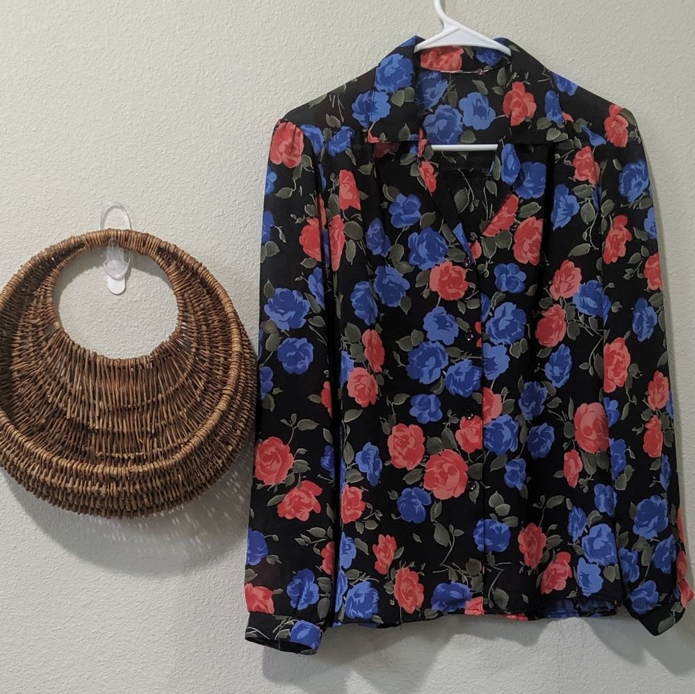Vintage Sheer Black Floral Blouse
